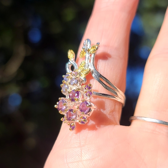 Amethyst & Topaz floral sterling & gold finger cuff sz7.75 - Picture 7 of 12